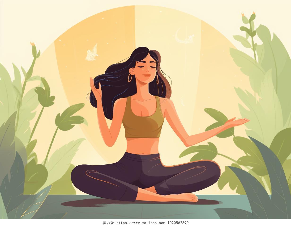 卡通手绘健身节插画夸张想象女士做瑜伽场景植物纯色背景插画海报人物插画运动健身体育